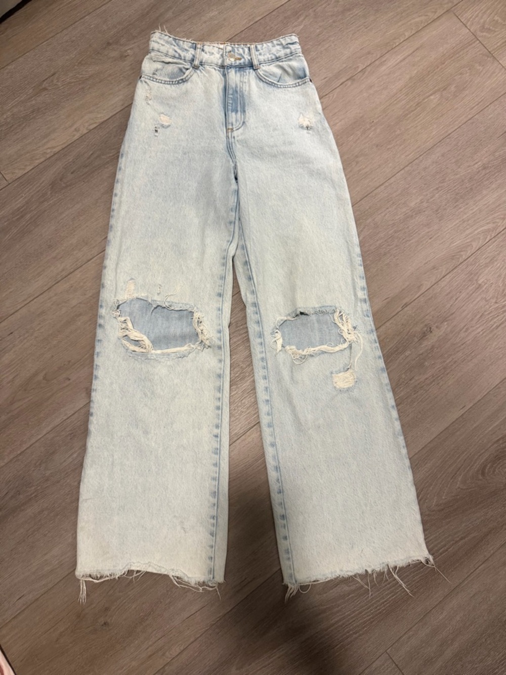 Zara Light Blue Distressed Wide-Leg Jeans